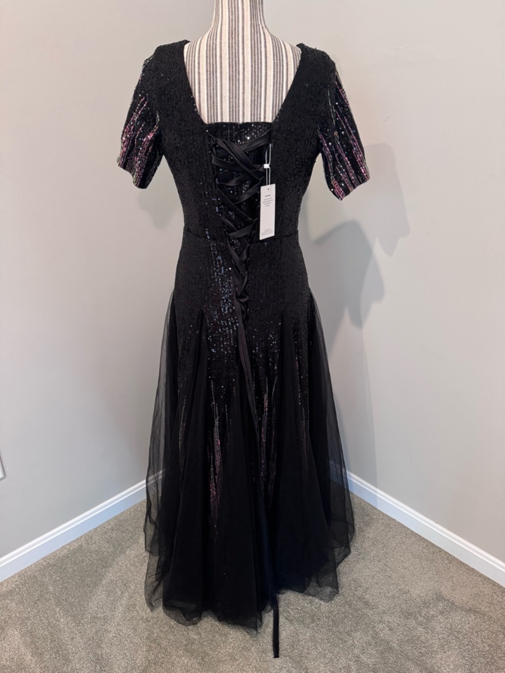 Y2K Witchy Goth Dress Dark Fairy Sequin Lace-up Corset Prom Funeral Gown Sz 6 Sm